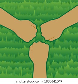 Illustration of three people putting their fists together. An illustration of a lawn is placed in the background. I imagined the unity of the team. Created with vector data.