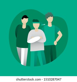 illustration of three people, super team, employees in green colours
