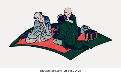 Illustration of three people in traditional Japanese attire sitting on a mat. The scene depicts a cultural gathering with intricate clothing details. Vintage Japanese illustration vector.