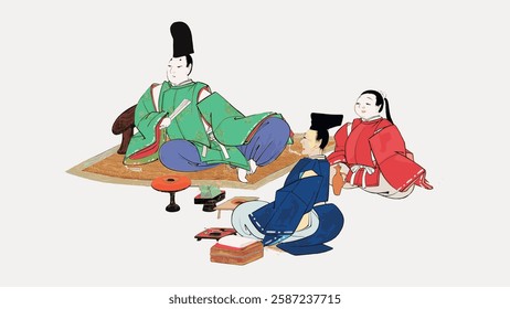 Illustration of three people in traditional Japanese attire, sitting on a mat. They wear colorful robes, with one in green, one in blue, and one in red. Vintage Japanese illustration vector.