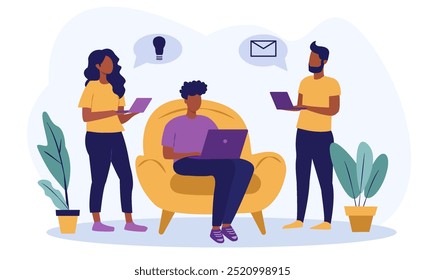 Ilustração de três pessoas usando laptops, compartilhando ideias e mensagens, com plantas envasadas ao fundo. Conceito de trabalho em equipe, colaboração e comunicação. Ilustração vetorial