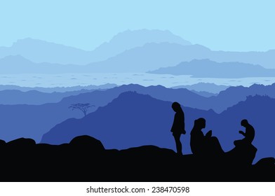 Illustration of three people in the view point on the mountain.