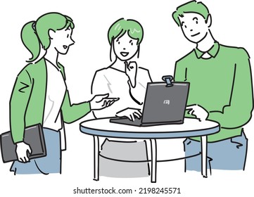 It is an illustration of three people who hold a meeting while standing