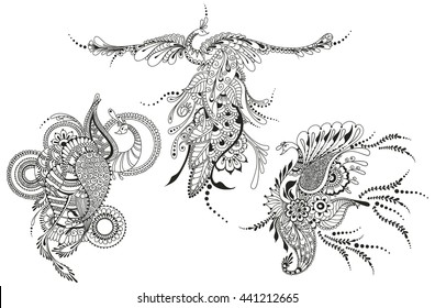 Illustration of three Phoenix Birds. Peacocks for tattoo template, business style, printing on clothes, greeting cards or other