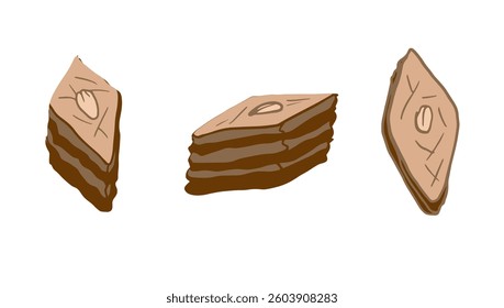 Illustration of three pieces of baklava with a nut topping. Perfect for Nowruz, festive invitations, cultural designs, food-related artwork, and decor.