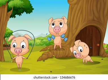 Illustration of the three pigs at the forest