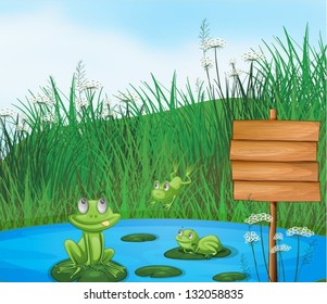 Illustration of the three playful frogs at the pond beside an empty signage