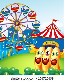 Illustration of the three playful monster at the hilltop with a carnival