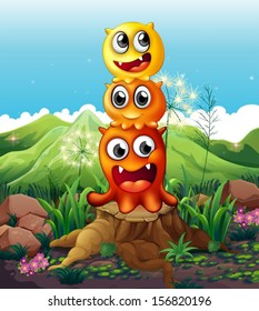 Illustration of the three playful monsters above a stump