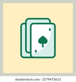 Illustration of three playing cards icon, with a green spade and card borders on a yellow background