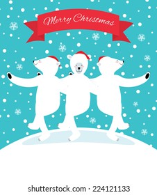 Illustration of three polar bears celebrate Christmas and dancing embracing
