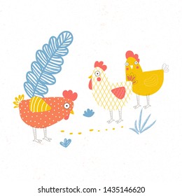Illustration of three poultry. Chicken on the farm. Flat stylized animals. Design prints for books, clothes. For banner, poster, web design.