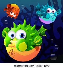 Illustration of  three puffer fishes under the sea