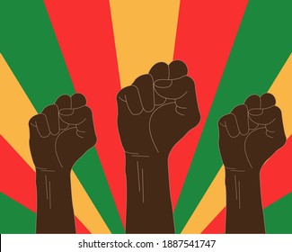 An illustration of three raised black fists. Black history month banner template. African culture appreciation. Celebrated in February in the USA and Canada, and in October in the UK.