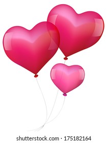Illustration of three realistic looking heart shaped pink balloons - two big ones and a smaller one.