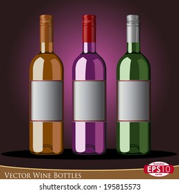 Illustration of three realistic wine bottles with caps. Hand draw point by point.