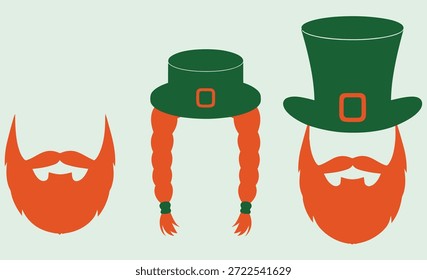 Illustration of three red beards with two green hats, one with braided hair, representing St. Patrick's Day themes and Irish culture.