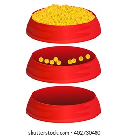 Illustration of three red bowls of pet animal with food, with leftover, and without. Vector, eps 10.