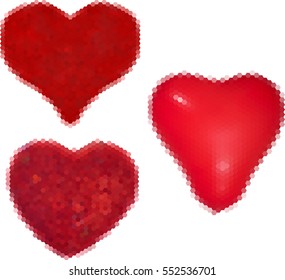 illustration with three red hearts from hexagons isolated on white background
