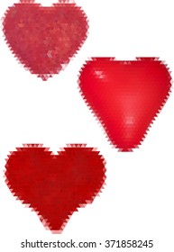 ilustración con tres corazones rojos de triángulos aislados en fondo blanco