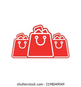 Illustration of three red shopping carts or shopping bags filled with groceries isolated in a row on white background. 