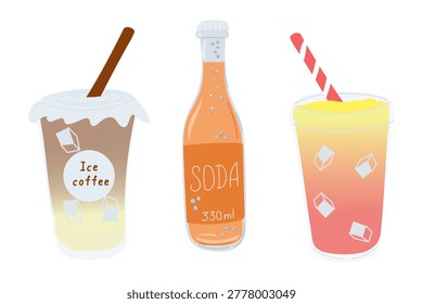 Illustration of three refreshing beverages including iced coffee, soda in a bottle, and a colorful fruit drink with ice cubes and a straw