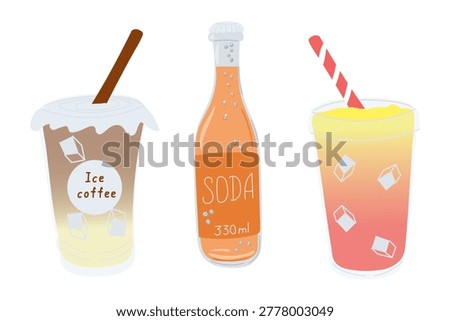 Illustration of three refreshing beverages including iced coffee, soda in a bottle, and a colorful fruit drink with ice cubes and a straw
