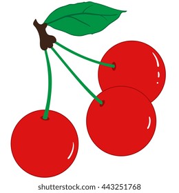 Illustration of three ripe red cherries on a white background