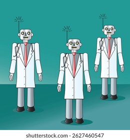 An illustration of three robots in doctor coats with stethoscopes showing the concept of telehealth and artificial intelligence in the medical and health industry.
