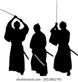An illustration of three samurai with their swords drawn.
