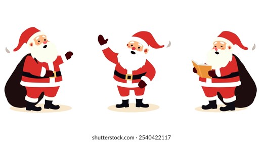 Illustration of three Santa Claus characters in traditional red suits. One holds a sack, another waves, and the third reads a book. Ideal for Christmas designs, holiday greetings, and festive theme