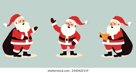 Illustration of three Santa Claus characters in traditional red suits. One holds a sack, another waves, and the third reads a book. Ideal for Christmas designs, holiday greetings, and festive theme