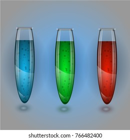 Illustration of three scientific test tubes filled with various liquid chemicals.