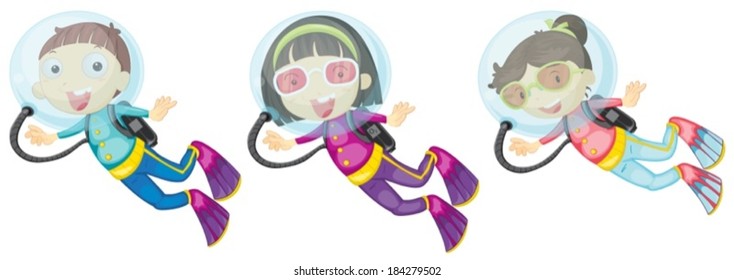 Illustration of the three scuba divers on a white background