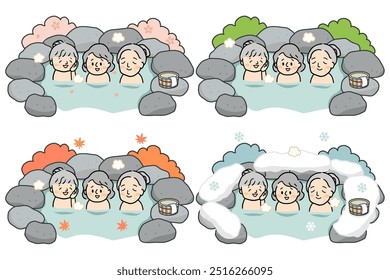 An illustration of three senior women traveling to a hot spring facility with the four seasons of Japan in the background.