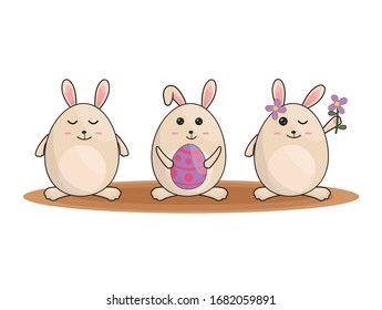 illustration three sets of cute bunny bring to eggs easter with an isolated smile
