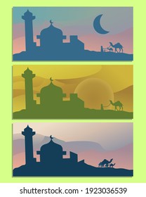 ilustración de tres conjuntos de mezquitas con diversos antecedentes. apto para carteles, fondos de pantalla de festividades islámicas. como Eid mubarak, el mes del Ramadán, etc. Felices fiestas islámicas.