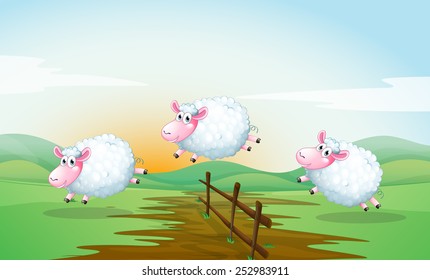 Illustration of three sheeps jumping over a fence