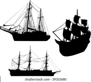 illustration with three ship silhouettes isolated on white background