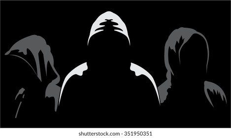 Illustration of three silhouettes of anonymous on a black background