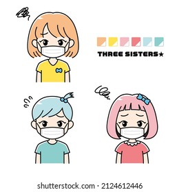 Ilustración de tres hermanas con rostros problemáticos con máscaras