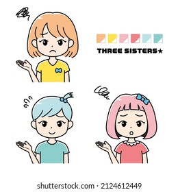 Ilustración de tres hermanas con rostros problemáticos