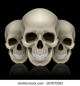 Illustration of three skulls with reflection on black background