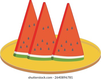 An illustration of three slices of cut watermelon on a plate.