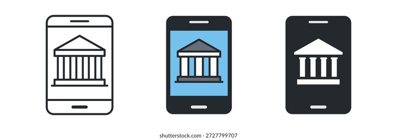Ilustración de tres diseños de teléfonos inteligentes con un símbolo de construcción clásico, que muestra la tecnología y el patrimonio.
