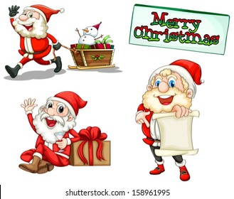 Ilustración de los tres Papá Noel sonrientes sobre un fondo blanco