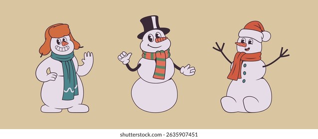 Illustration of three snowmen wearing hats, scarves, and smiling faces, perfect for festive and holiday-themed content. Rubber hose style, retro groovy mascot.