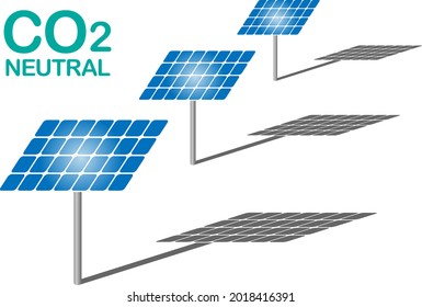 Illustration of three solar panels. A shadow is drawn on the right side. Place the letters "CO2 NEUTRAL" on the left side. Created with vector data.