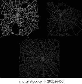 illustration with three spider webs isolated on black background