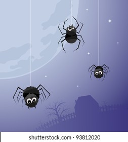 Illustration of three spiders on the background of a large moon and home
